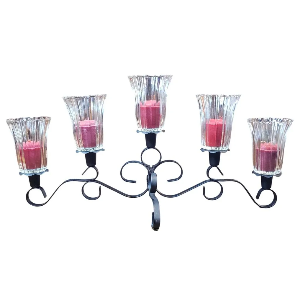 Wrought Iron 5 Light Candelabra Scroll Mantle Centerpiece Fluted‎ Glass Votives